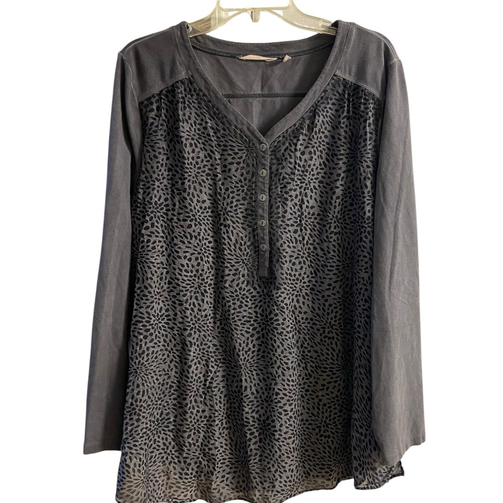 Soft surroundings 1/4 Button-Front V-Neck Long Sleeve tunic top grey 1X